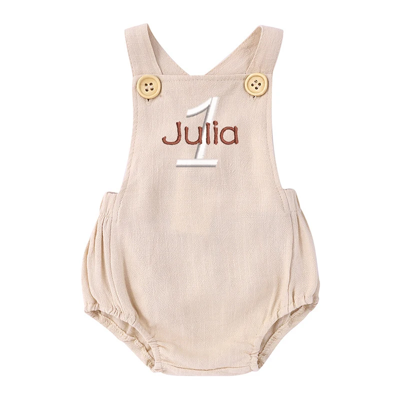 Name Embroidered 1st Birthday  - Baby Summer Linen Sleeveless Jumpsuit recension och pris